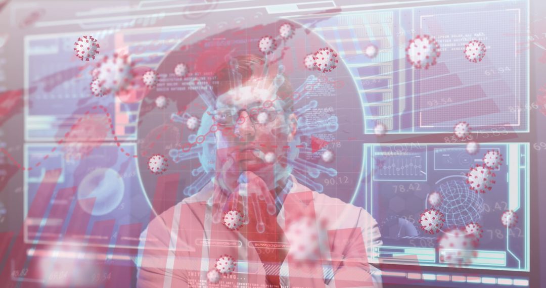 Doctor Analyzing Data with Floating COVID-19 Cells Hologram