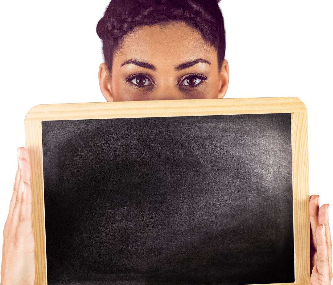 Transparent Chalkboard Held by Woman with Expressive Eyes