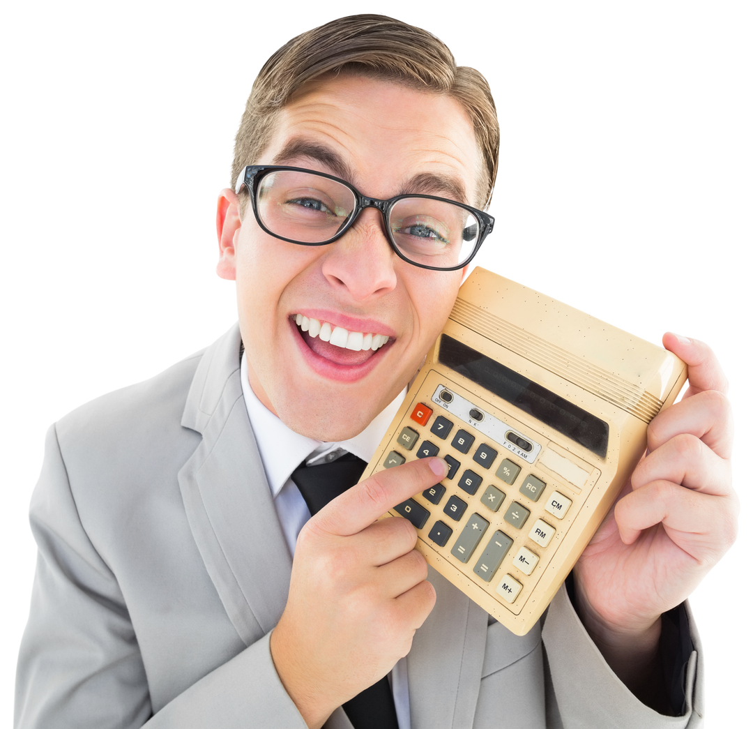 Transparent Man Holding Retro Calculator Smiling Enthusiastically - Download Free Stock Images Pikwizard.com