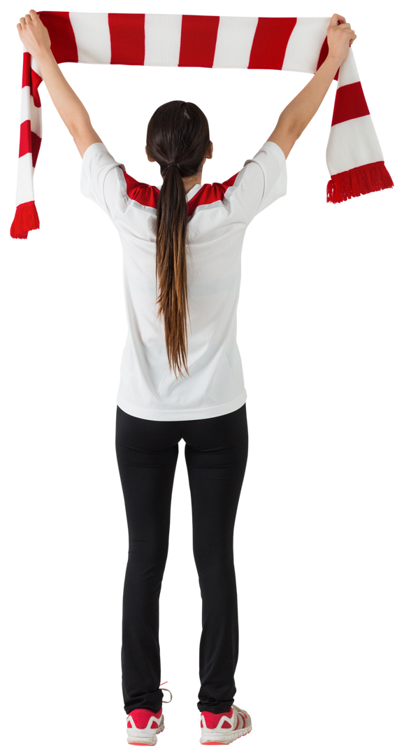 Transparent image of excited football fan with long hair waving red and white scarf - Download Free Stock Images Pikwizard.com