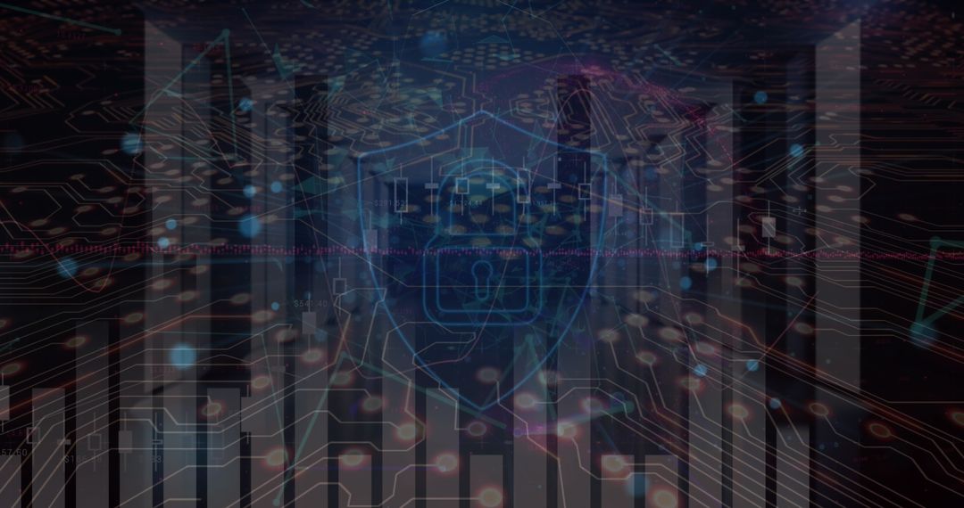 Digital Shield with Lock Icon Protecting Overlaid Data Networks