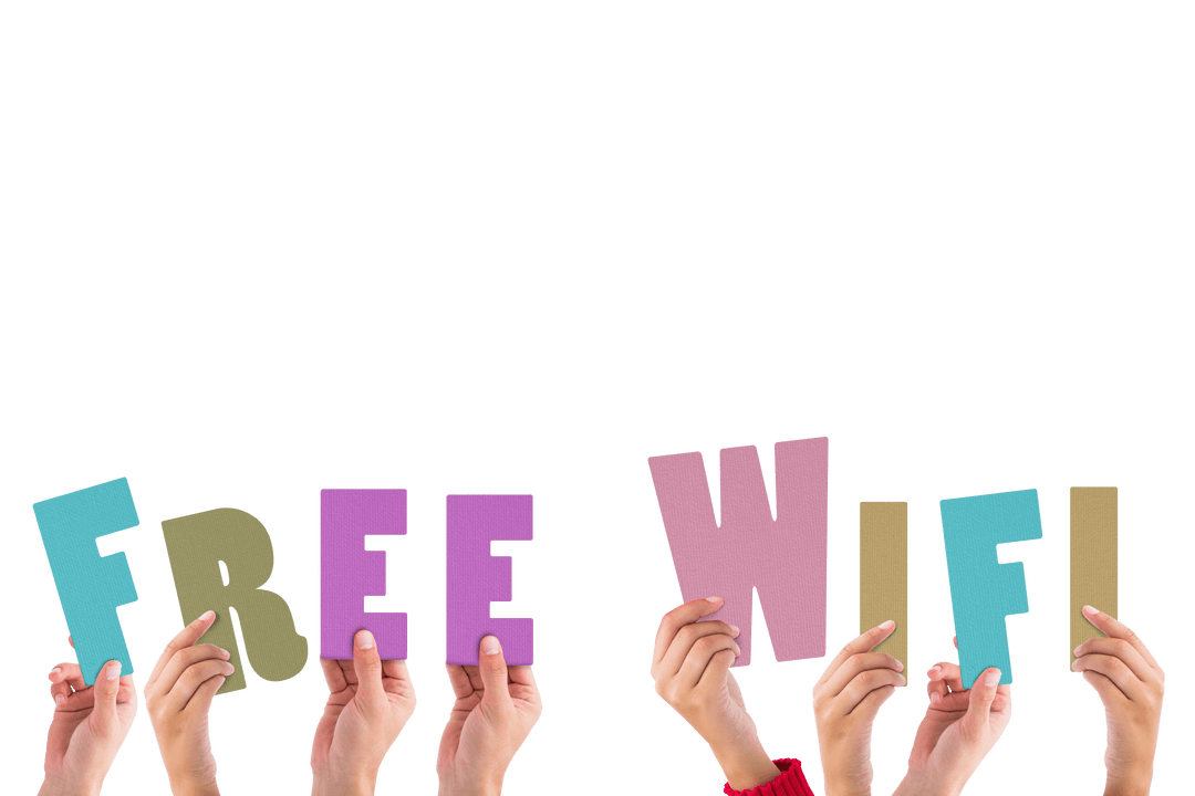 Hands Holding Colorful Transparent Free Wifi Letters