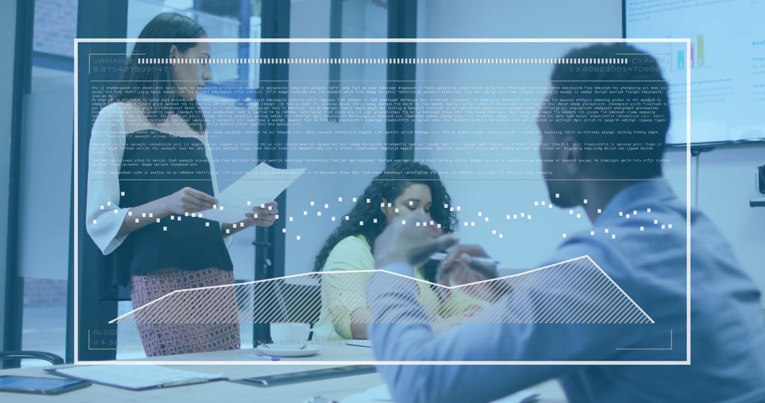 Business Team Discussing Statistical Data with Digital Interface Overlay