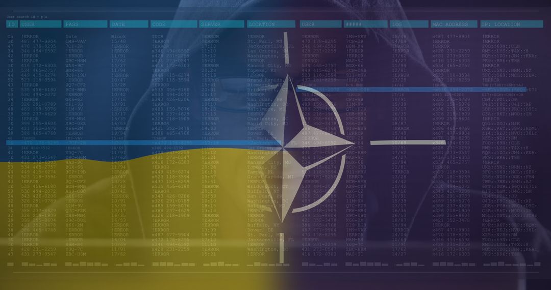 Hacker Overlapping NATO and Ukraine Flags, Cyber Warfare Concept