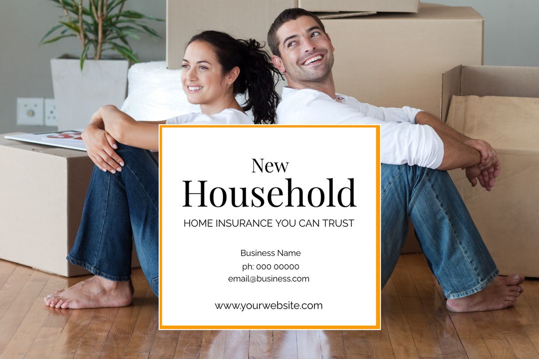 Happy Couple with Moving Boxes Promoting Home Insurance and New Beginnings