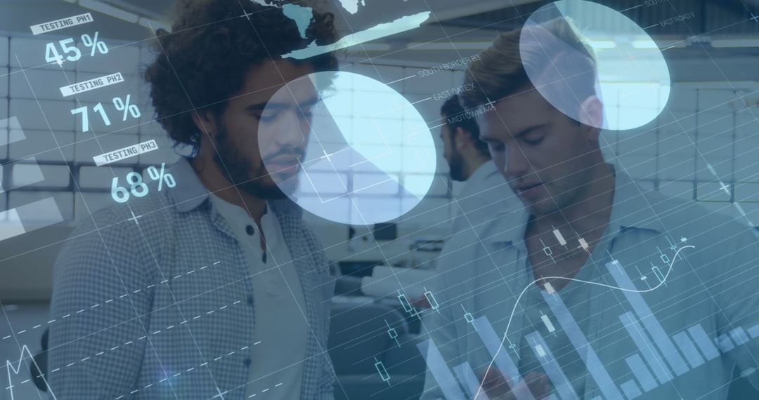 Digital Interface Overlay on Diverse Business Team Analyzing Financial Data