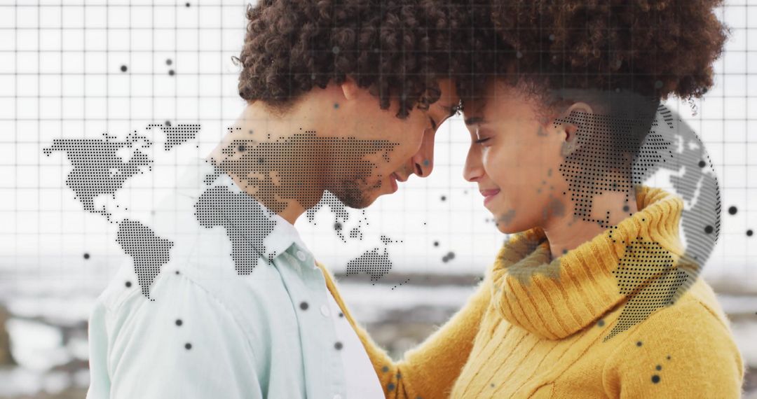Romantic Couple Touching Foreheads with World Map Overlay