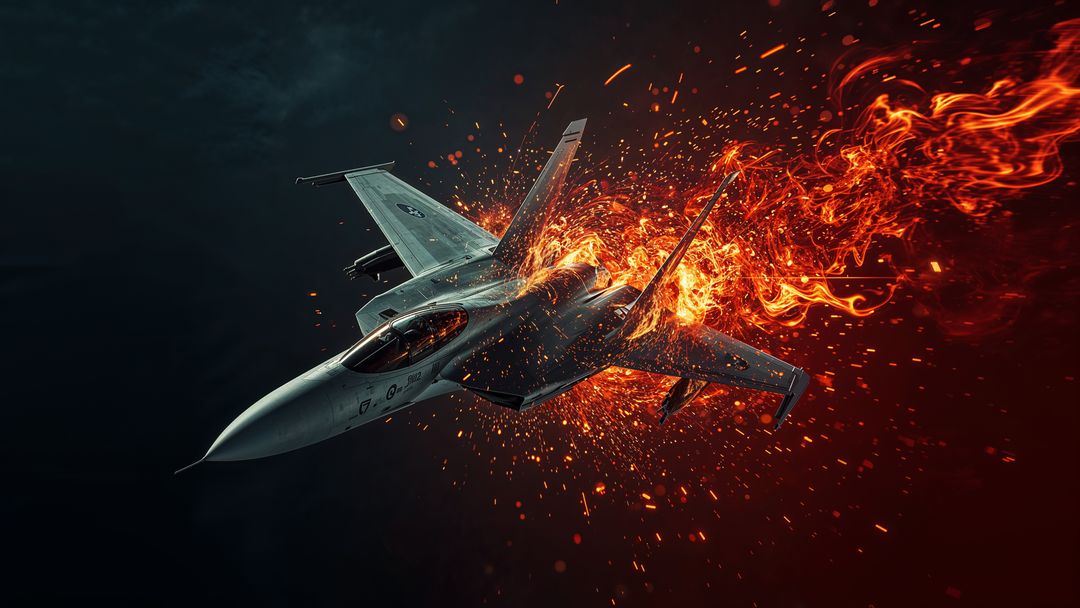 Dynamic fighter jet with fiery trail and dramatic airstrikes sparks in cloudy sky