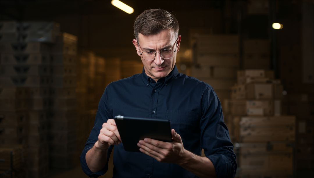 Warehouse manager reviewing tablet for inventory control amid stacked boxes