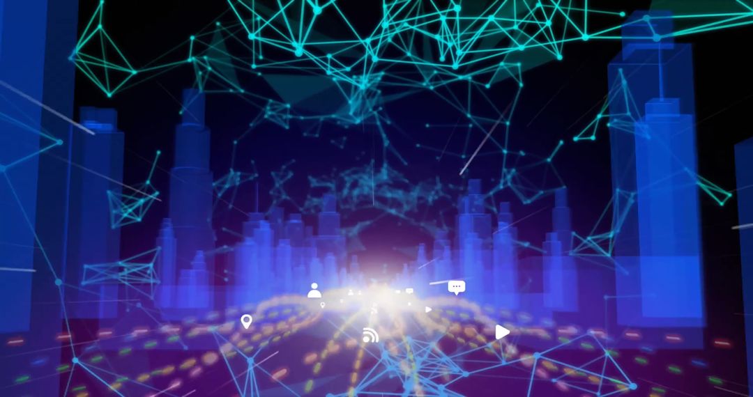 3D Futuristic Cityscape with Holographic Network Visualization