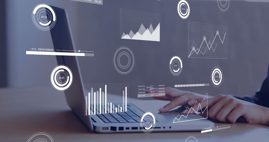 Woman Analyzing Data on Laptop with Futuristic Graph Overlays