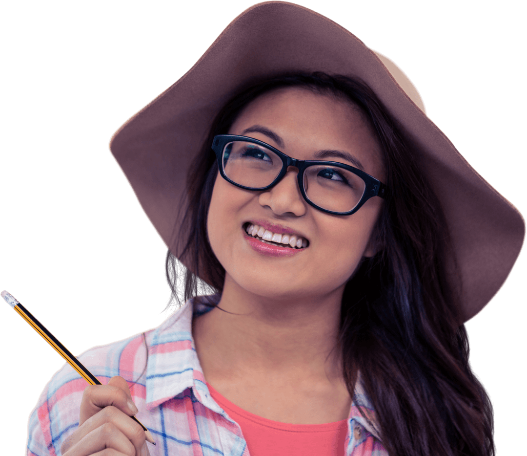 Smiling Woman in Hat Holding Pencil on Transparent Background