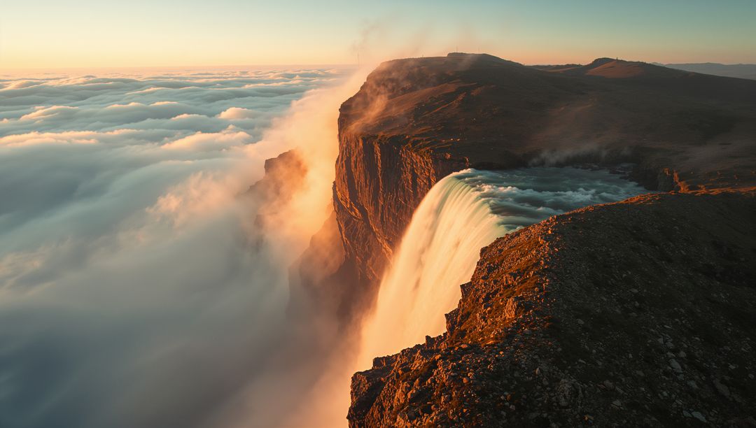 Stunning Waterfall Cascading From Cliff Edge at Sunrise with Clouds