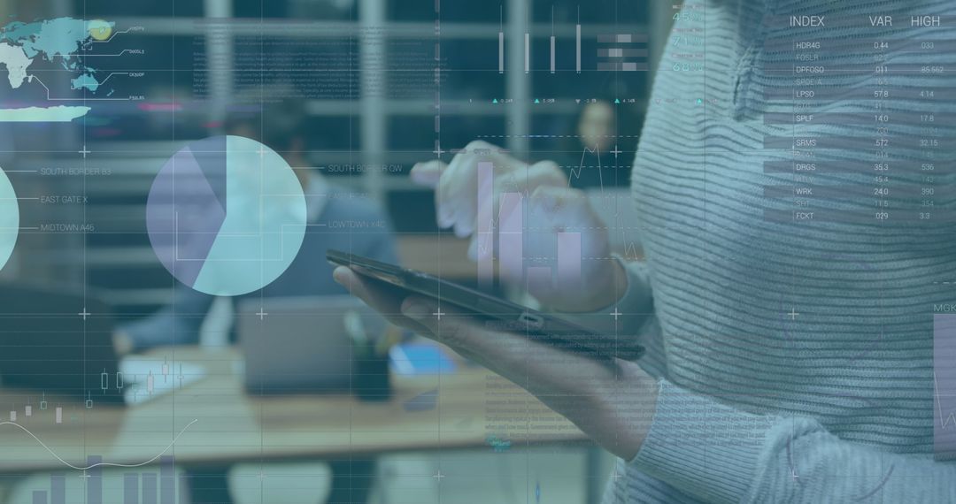 Business Professional Analyzing Data on Tablet with Infographic Overlay