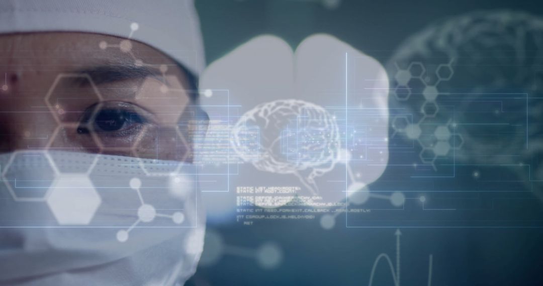 Female Surgeon Analyzing Digital Brain Data in Hospital