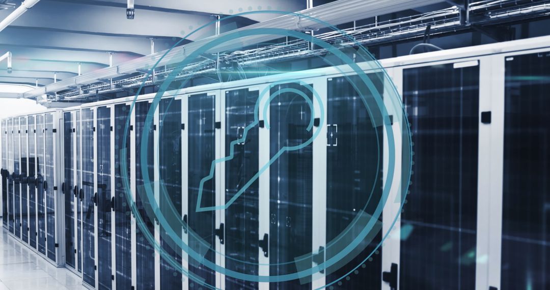 Digital Lock Icon Overlaying Modern Server Room