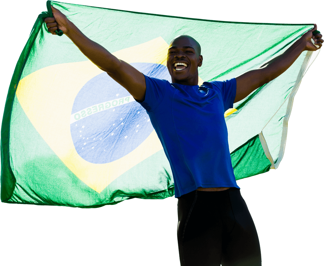 African American Man Joyfully Waving Brazilian Flag on Transparent Background