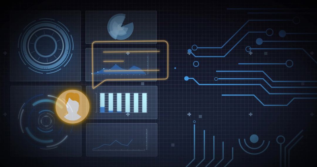 Futuristic Digital Interface with Data Diagrams and Media Icons
