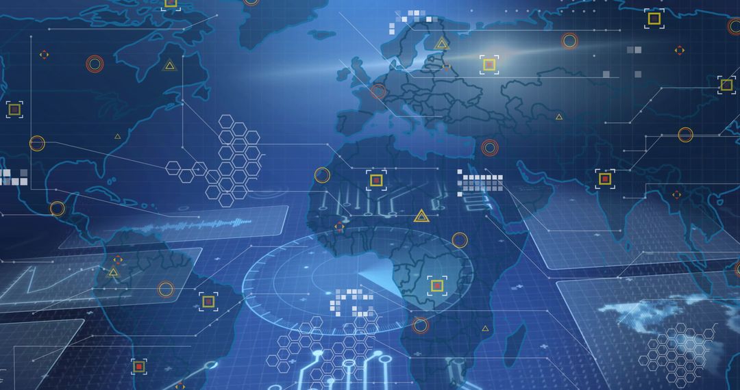 Futuristic Global Map with Digital HUD and Data Nodes