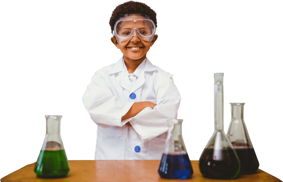 Young Scientist Smiling Amidst Chemical Beakers Transparent Background