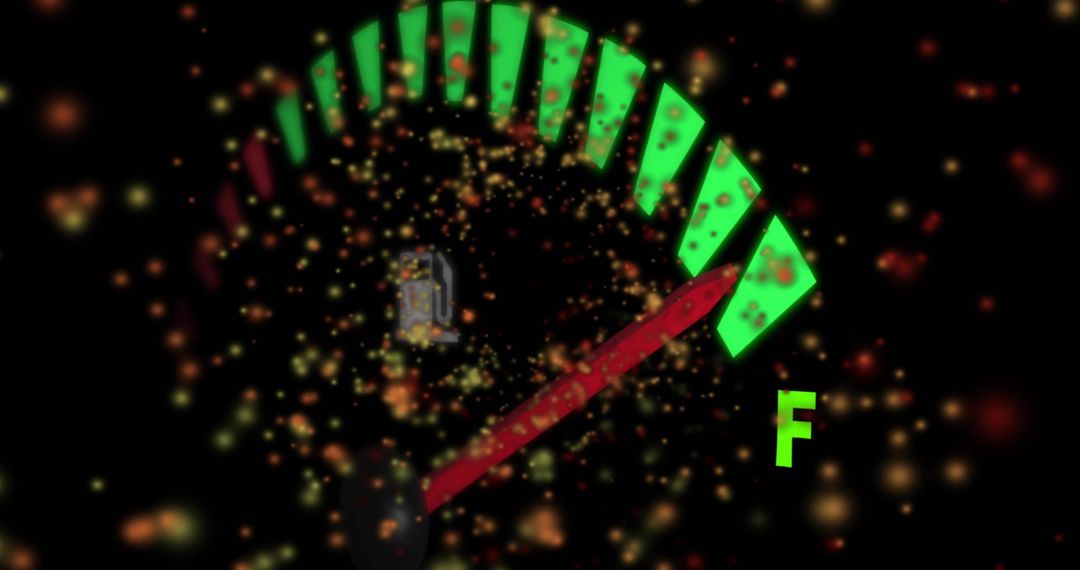 Glowing fuel gauge with neon green segments and red needle pointing to F with particles