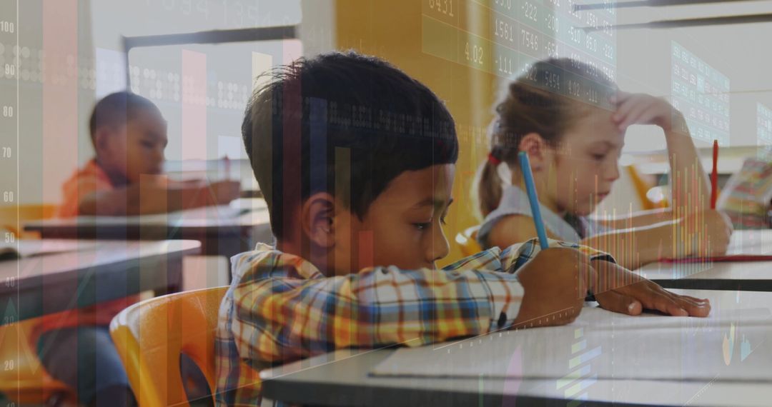 Children Analyzing Data in Bright Classroom with Chart Overlay