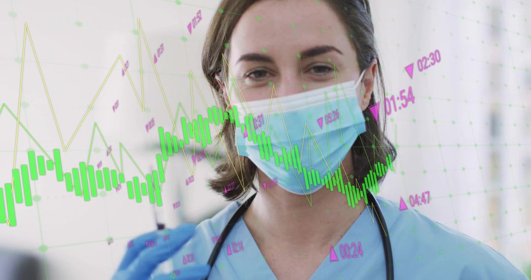 Masked Clinician Analyzing Data with Graph Overlay in Medical Lab
