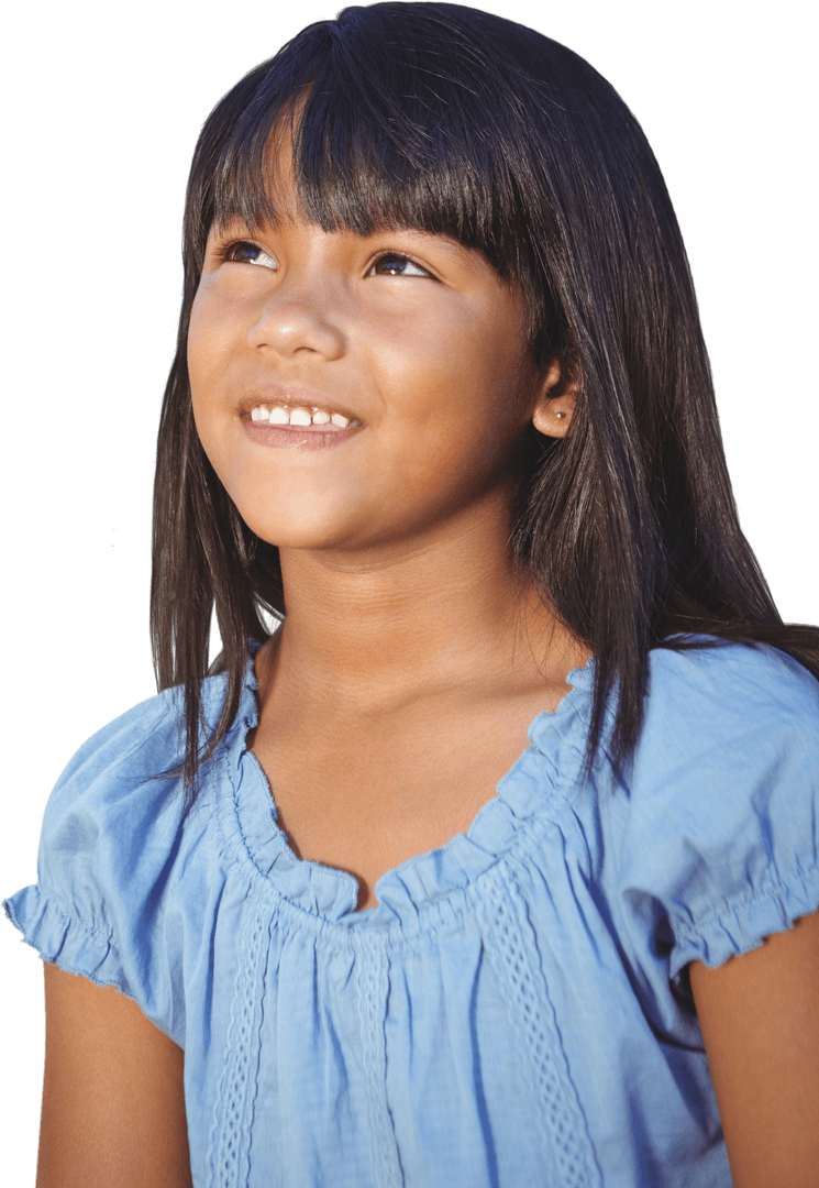 Smiling Girl in Blue Dress on Transparent Background