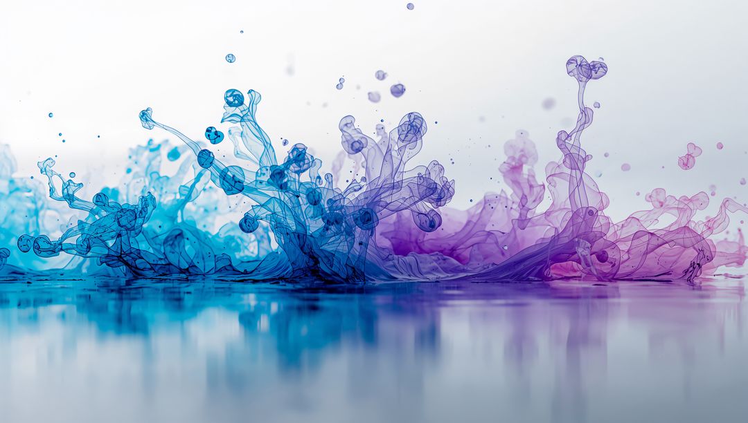 Cyan and Magenta Ink Plumes Rising and Curling Over Reflective Surface, Fluid Motion