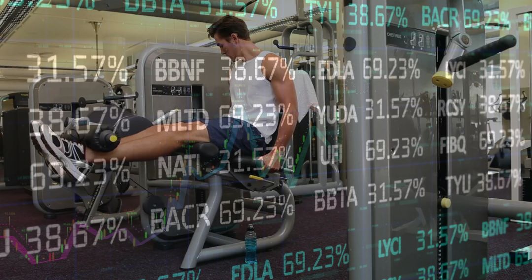 Person Working Out on Leg Extension Machine with Financial Overlays