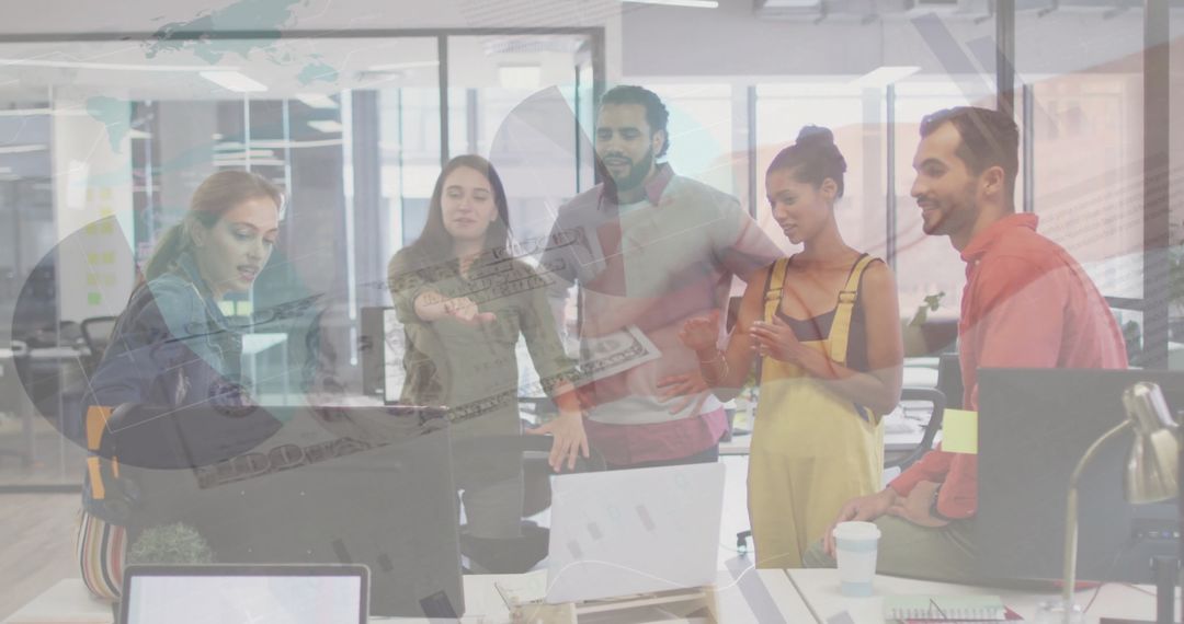 Diverse Team Analyzing Financial Growth Using Technology Overlay