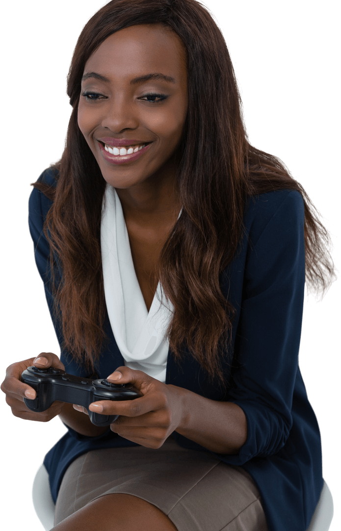 Transparent Smiling Businesswoman Enjoying Video Gaming Moment