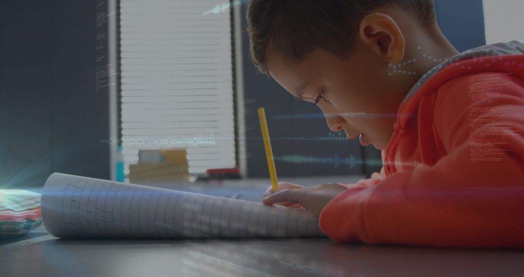 Young Boy Writing at Home, Focus and Depth