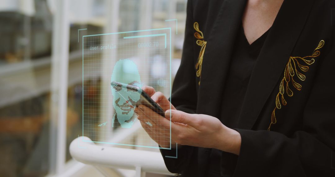 Businesswoman Interacting with Futuristic Hologram Interface