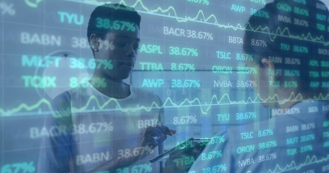 Diverse Executives Analyzing Cryptic Stock Market Data in Office