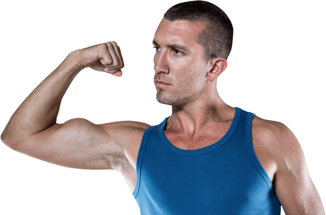 Muscular Man Flexing in Blue Tank Top on Transparent Background