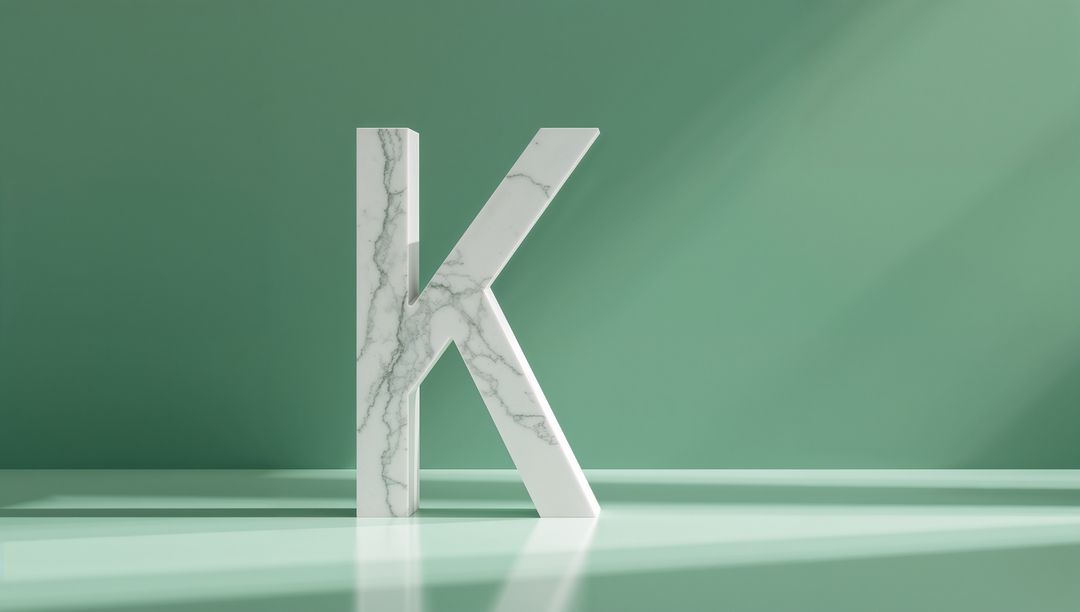 Marble 3D Letter K on Glossy Green Surface
