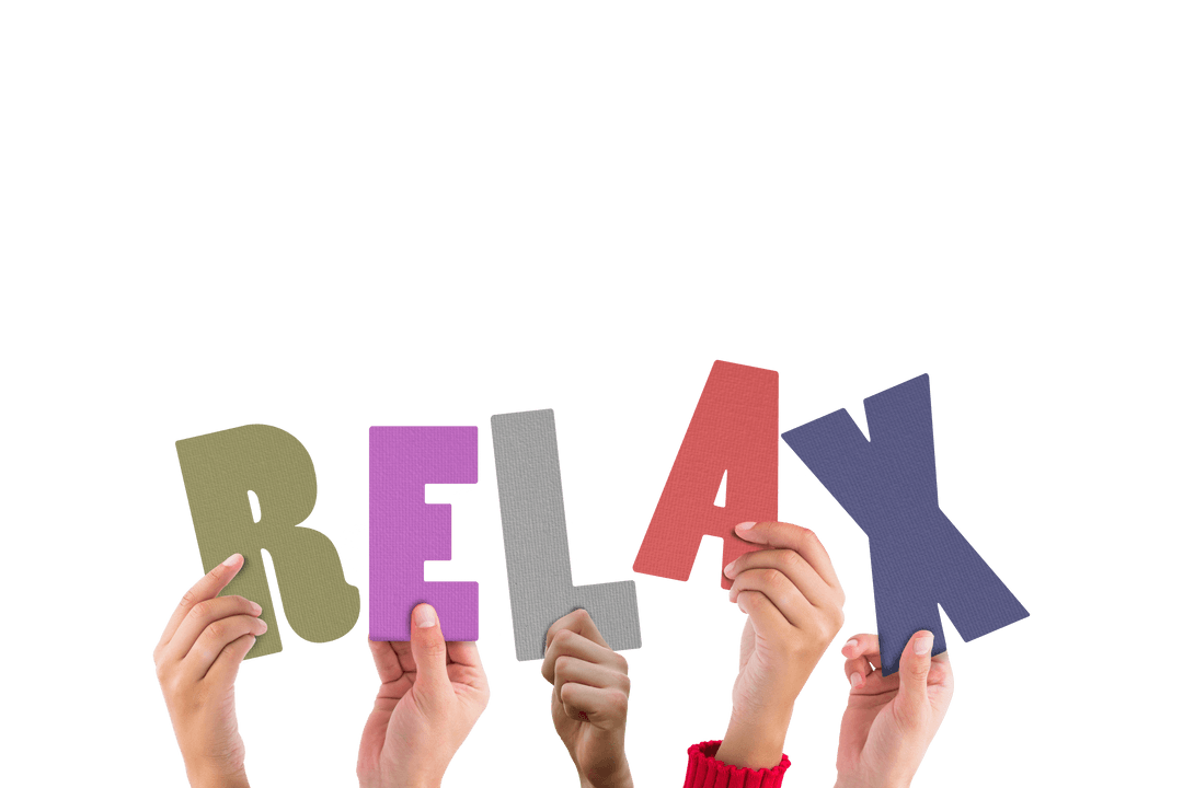 Hands Holding Colorful Transparent Letters Forming RELAX