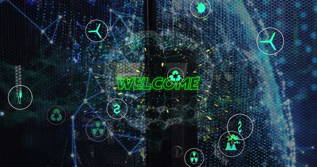 Neon Welcome Sign on Futuristic Digital Portal Door