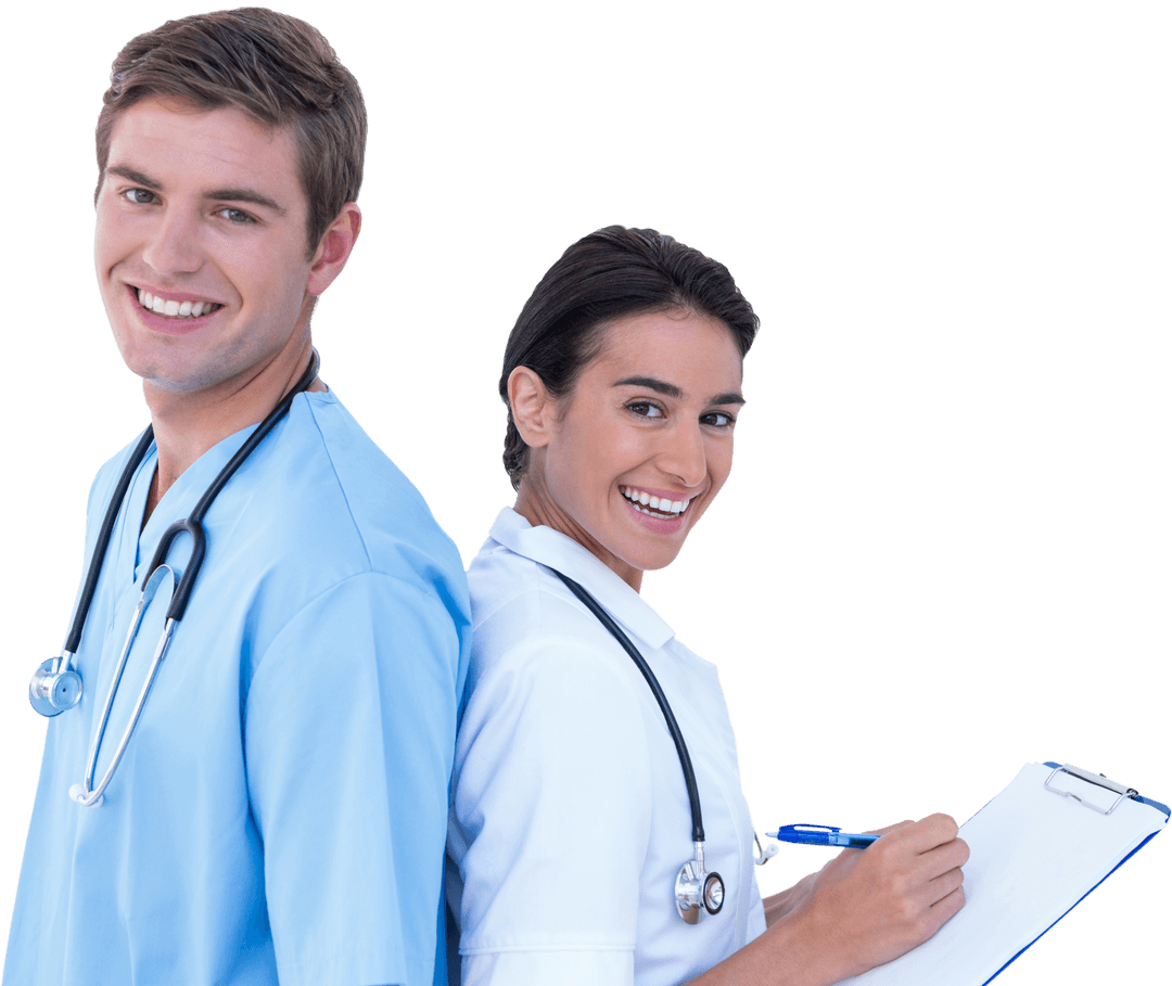 Two Happy Doctors in Scrubs With Stethoscope and Clipboard Transparent