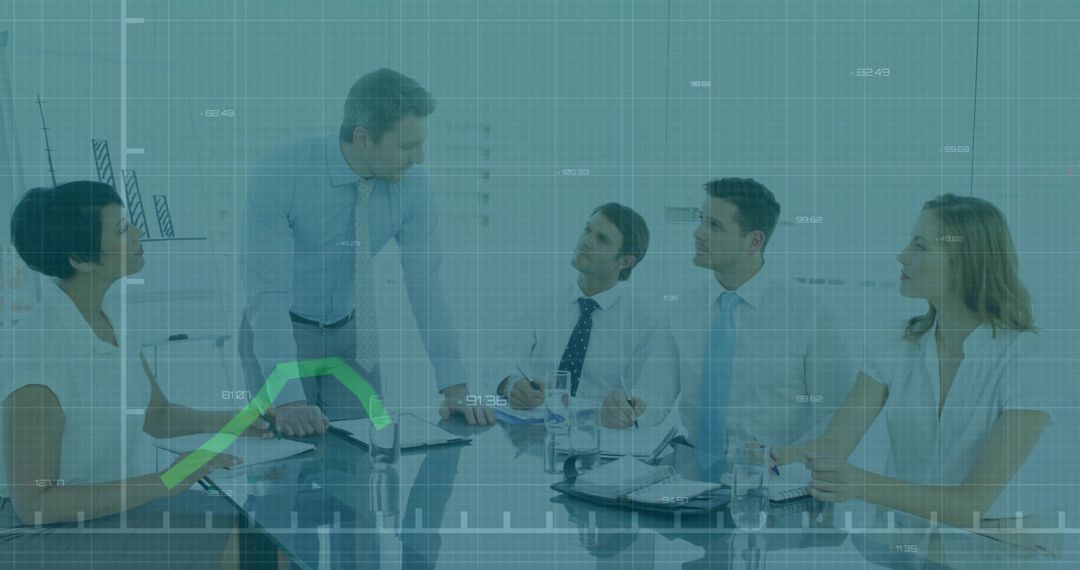 Confident Leader Guiding Team in Futuristic Meeting Space