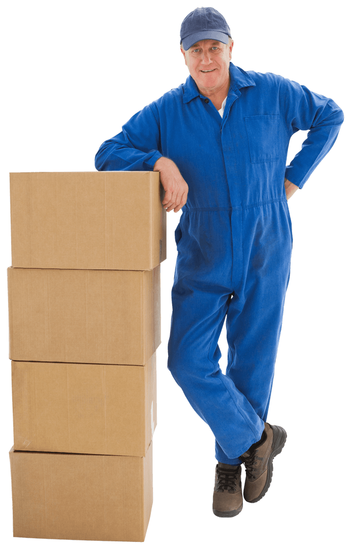 Transparent Happy Delivery Worker Leaning on Cardboard Boxes
