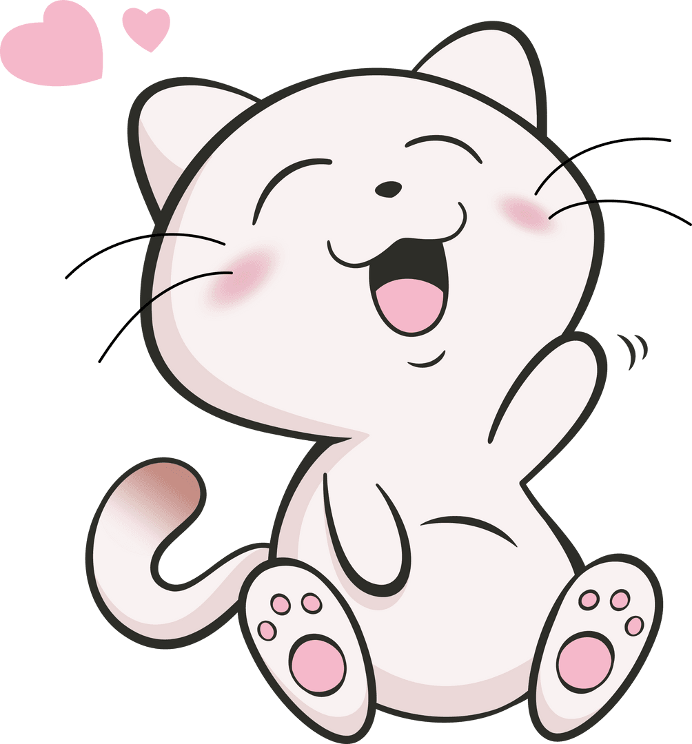 Cheerful White Cartoon Cat Waving on Transparent Background