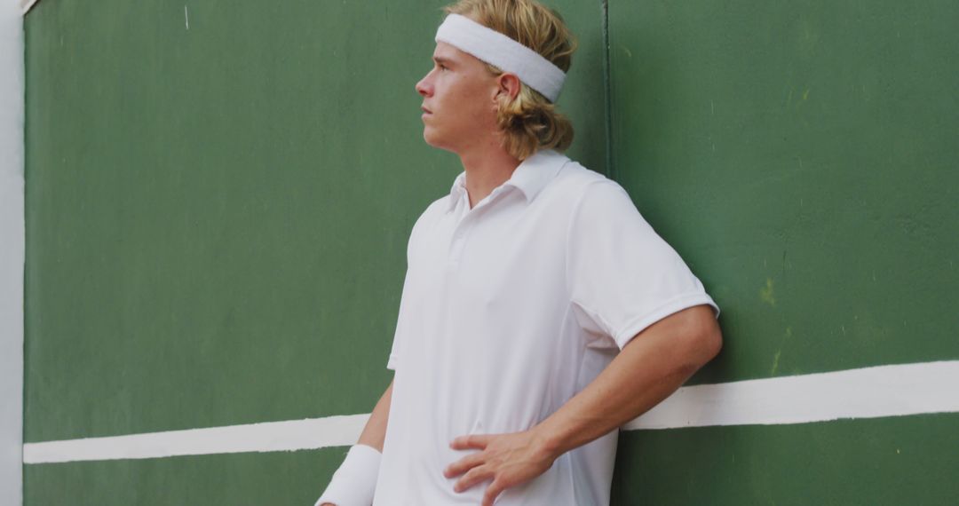 Young Tennis Player Leaning Against Wall in Thoughtful Pose - Free Images, Stock Photos and Pictures on Pikwizard.com