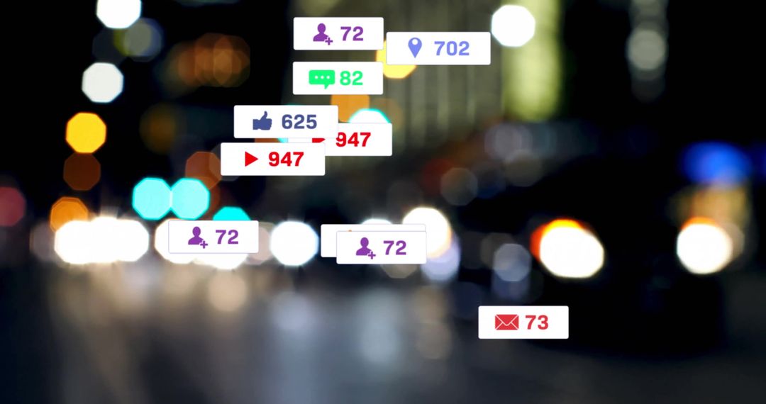 Digital Media Icons Floating Overnight Urban Scene Representing Online Engagement