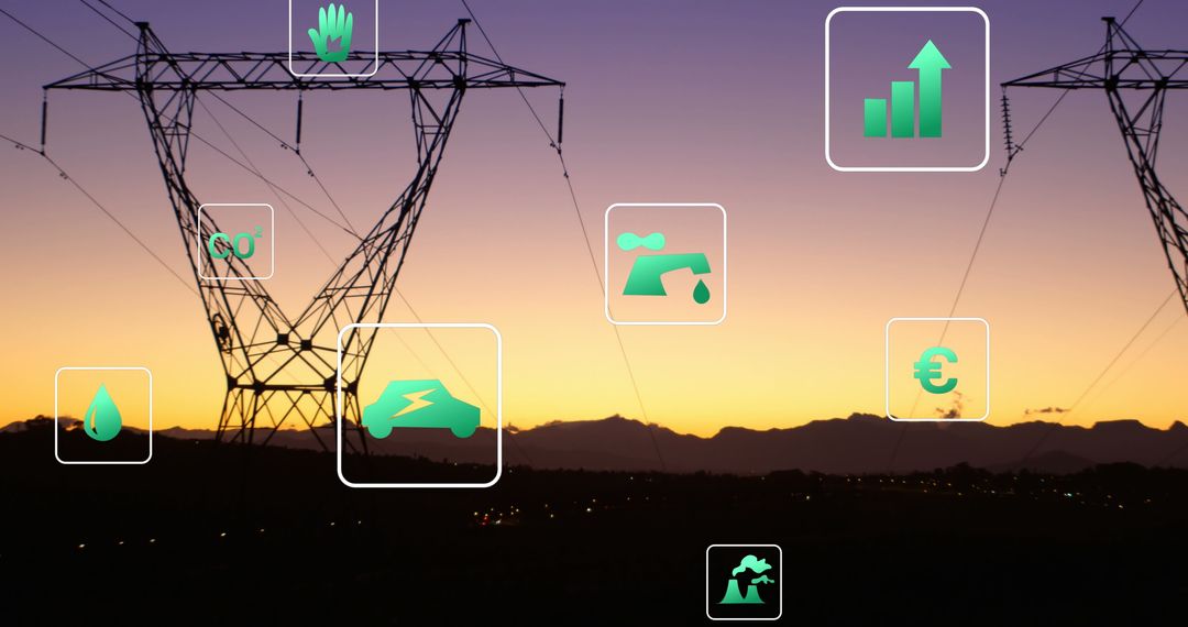 Digital Icons Over Power Lines at Sunset with Technology Interface