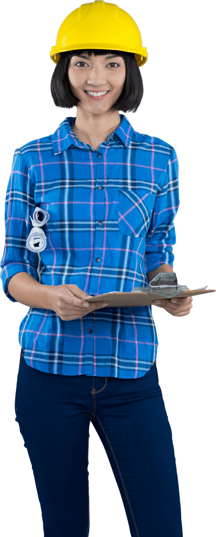 Smiling Female Architect with Clipboard and Blueprint on Transparent Background