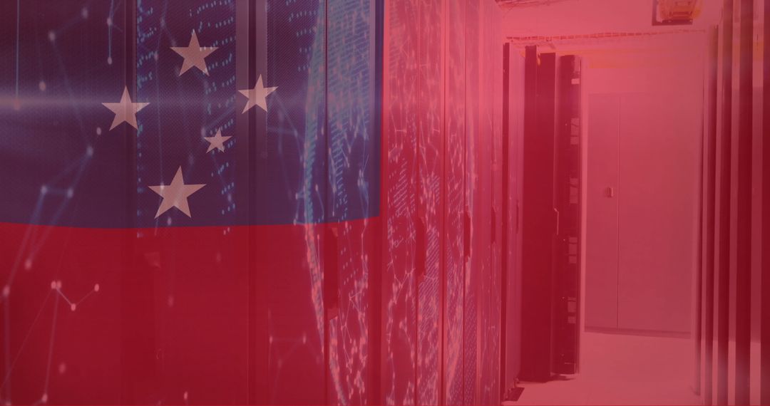 Samoa Flag Overlay on Modern Server Room with Digital Connections