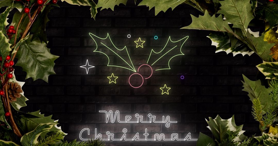 Christmas Neon Lights With Holly and Stars on Dark Background