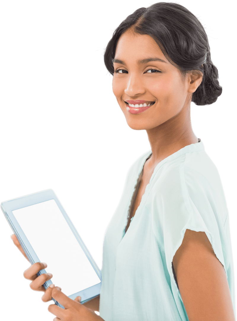 Transparent Smiling Businesswoman with Digital Tablet